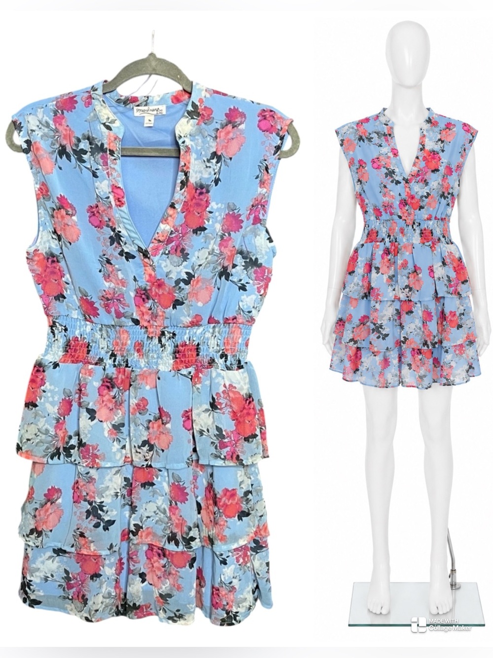 Xtraordinary Light Blue Floral Tiered Dress with Pink Flowers NWT Medium